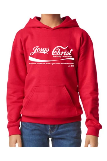 Gyermek unisex piros kapucnis pulóver, "Eternally refreshing" mintával