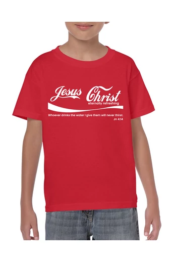 Gyermek unisex piros póló, fehér színű "Eternally refreshing" mintával