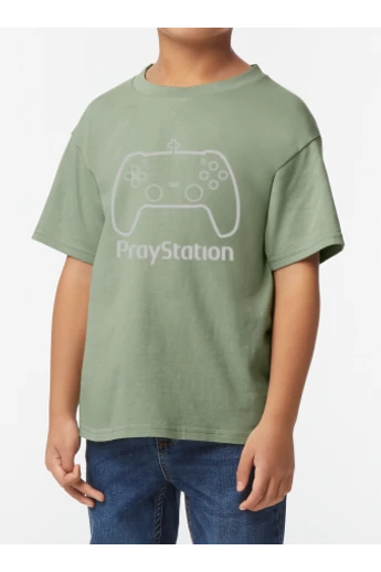 Gyermek unisex sage (zsálya) színű póló, "PrayStation" mintával