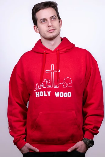 Férfi piros kapucnis pulóver, "Holy Wood" mintával