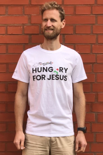 Unisex fehér póló, "Hung(a)ry for Jesus" mintával