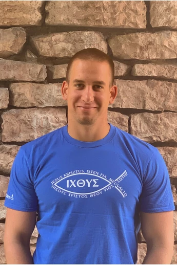 Unisex royal kék póló, "ICHTYS" mintával