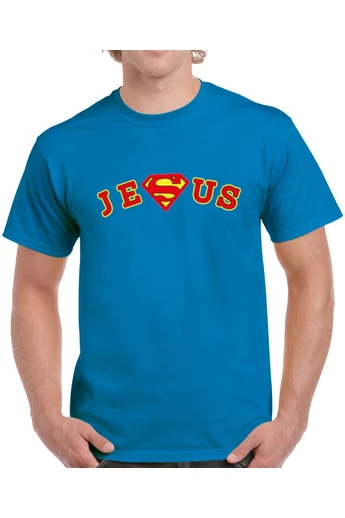 Unisex kék póló, "Jesus superman" mintával