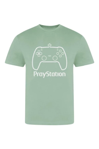 Unisex dusty green (szürkészöld) színű póló, "PrayStation" mintával
