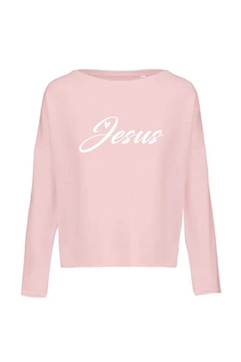 Női "oversized" pink pulóver, "Jesus and heart" mintával