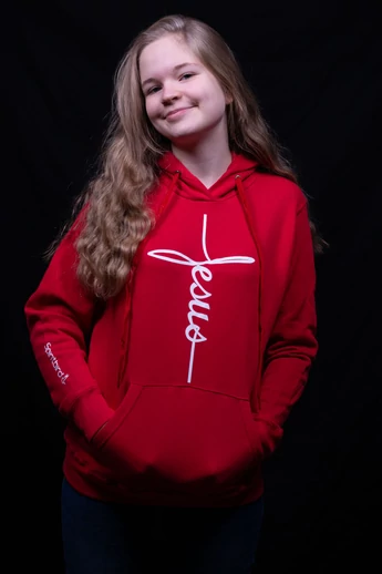 Női piros kapucnis pulóver, "Jesus kereszt, írott betűkkel" mintával
