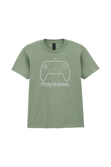 Gyermek unisex sage (zsálya) színű póló, "PrayStation" mintával