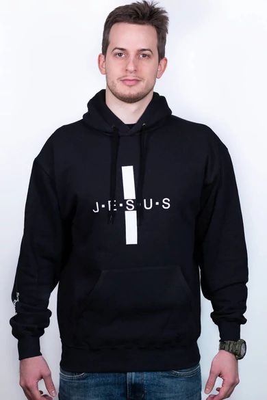 Férfi fekete kapucnis pulóver, "Egyenlőszárú kereszt Jesus szárral" mintával