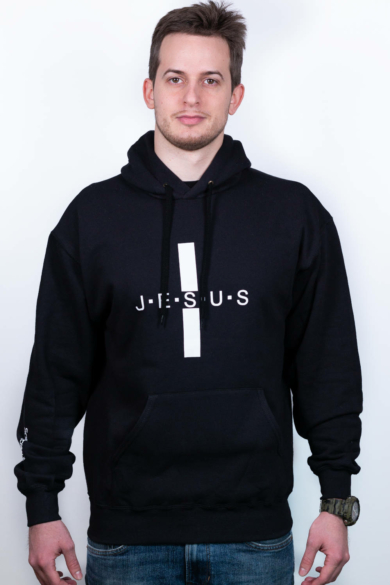 Férfi fekete kapucnis pulóver, "Egyenlőszárú kereszt Jesus szárral" mintával