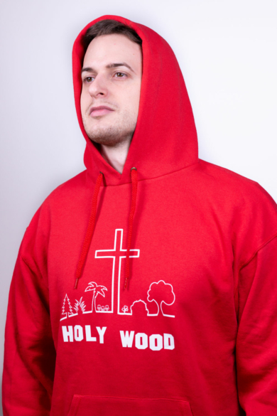Férfi piros kapucnis pulóver, "Holy Wood" mintával