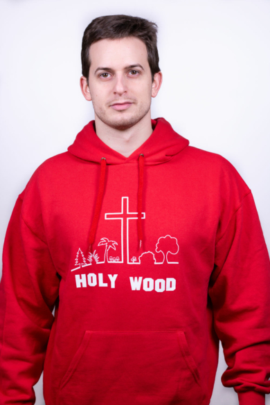 Férfi piros kapucnis pulóver, "Holy Wood" mintával