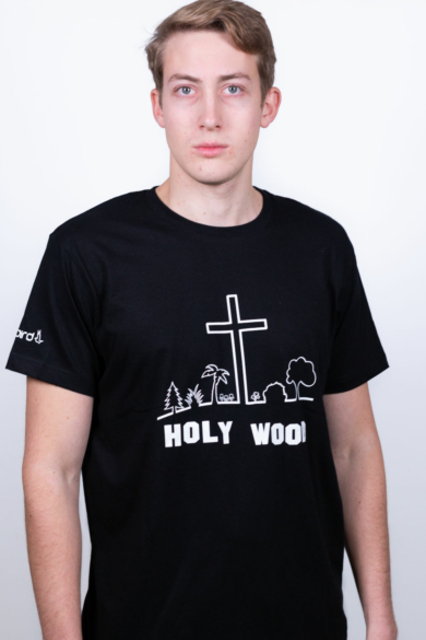 Férfi rövid ujjú fekete póló, "Holy Wood" mintával