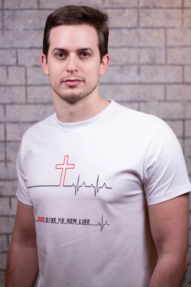 Férfi rövid ujjú fehér póló, "Jesus Gave Me New Life" mintával