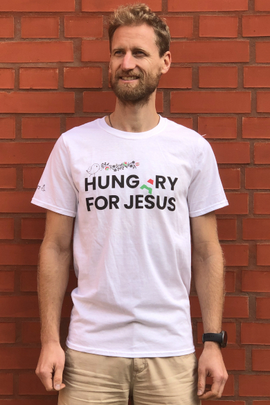 Férfi fehér póló, "Hung(a)ry for Jesus" mintával