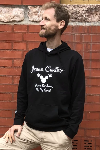 Unisex fekete kapucnis pulóver, "Bless The Lord, Oh, My Soul" mintával