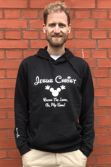 Unisex fekete kapucnis pulóver, "Bless The Lord, Oh, My Soul" mintával