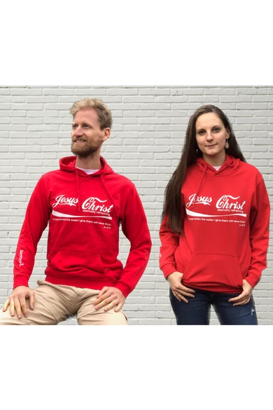 Unisex piros kapucnis pulóver, "Eternally refreshing" mintával