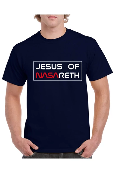 Unisex "navy" kék póló, "JESUS OF NASARETH" mintával