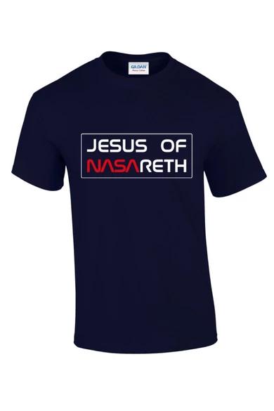 Unisex "navy" kék póló, "JESUS OF NASARETH" mintával