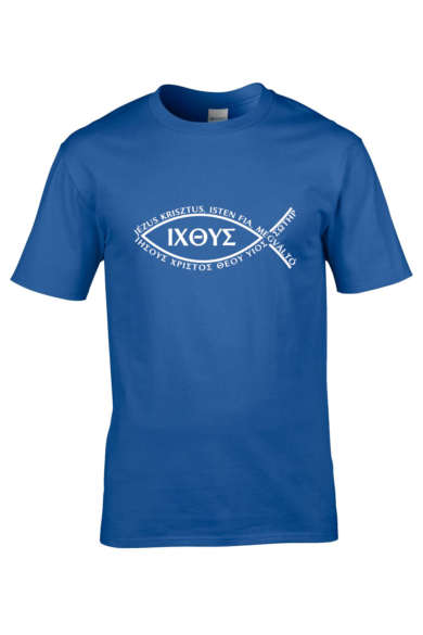 Unisex royal kék póló, "ICHTYS" mintával