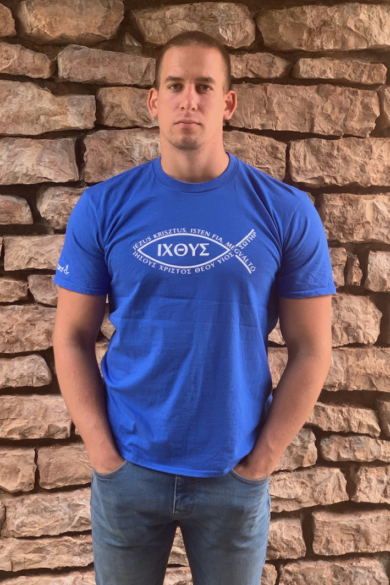 Unisex royal kék póló, "ICHTYS" mintával