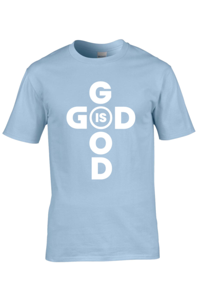 Unisex világoskék póló, "GOD IS GOOD" mintával