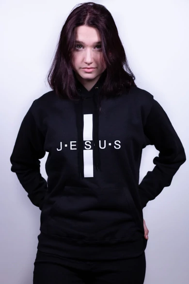Női fekete kapucnis pulóver, "Egyenlőszárú kereszt, Jesus szárral" mintával