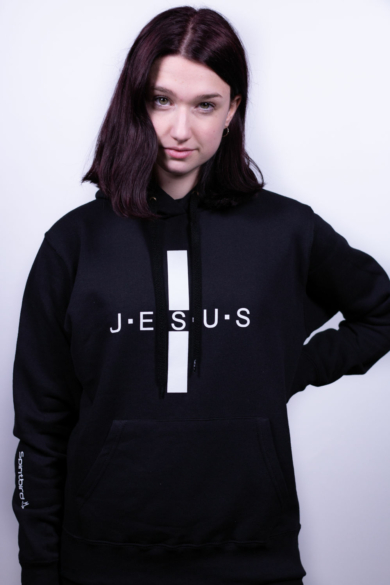 Női fekete kapucnis pulóver, "Egyenlőszárú kereszt, Jesus szárral" mintával