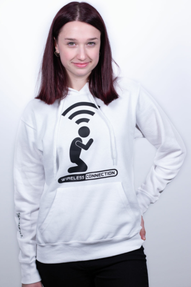 Női fehér kapucnis pulóver, "Wifi" mintával