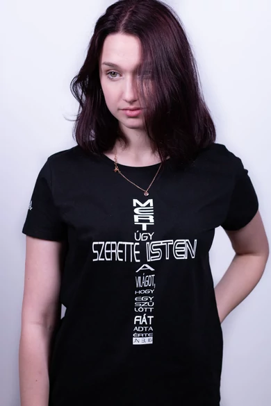 Női rövid ujjú fekete póló, "Mert úgy szerette Isten a világot - kereszt" mintával