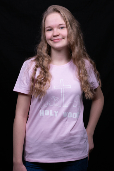 Női rövid ujjú rózsaszín póló, "Holy Wood" mintával