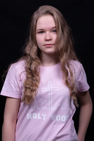 Női rövid ujjú rózsaszín póló, "Holy Wood" mintával