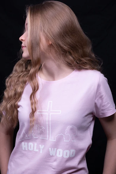 Női rövid ujjú rózsaszín póló, "Holy Wood" mintával