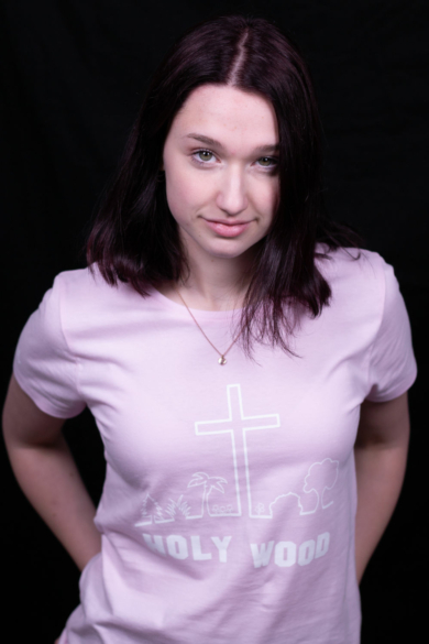 Női rövid ujjú rózsaszín póló, "Holy Wood" mintával