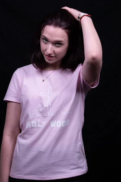 Női rövid ujjú rózsaszín póló, "Holy Wood" mintával