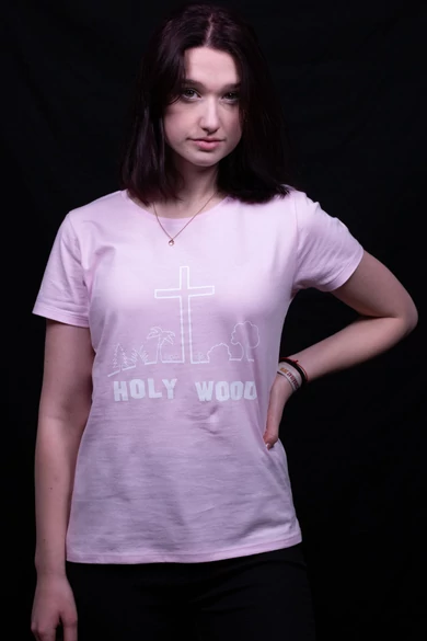 Női rövid ujjú rózsaszín póló, "Holy Wood" mintával