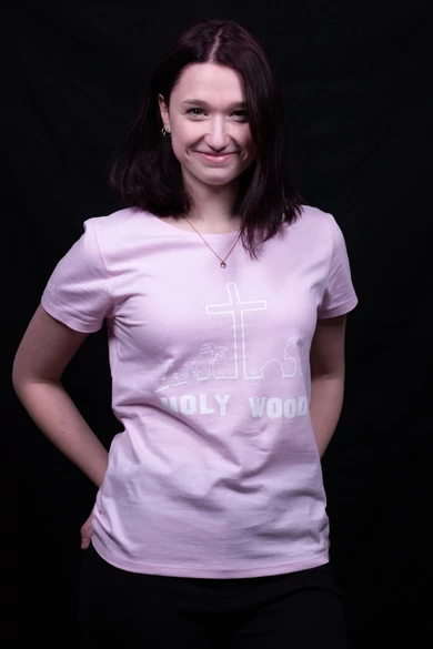 Női rövid ujjú rózsaszín póló, "Holy Wood" mintával