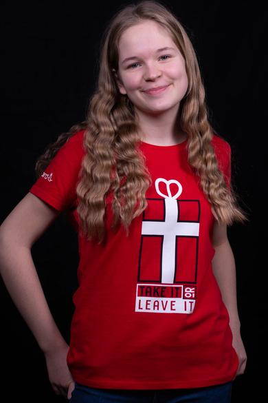 Női rövid ujjú piros póló, "Take It or Leave It" mintával