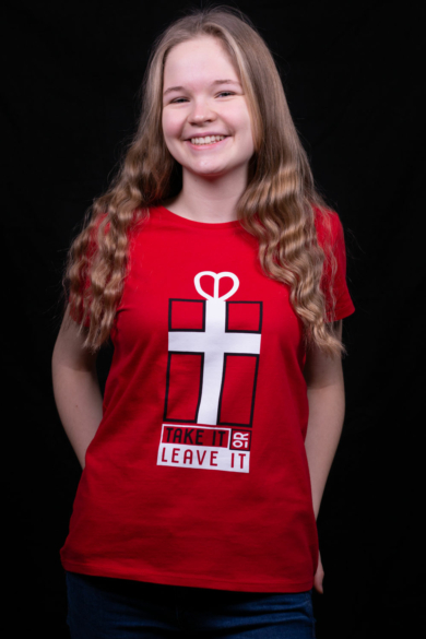 Női rövid ujjú piros póló, "Take It or Leave It" mintával