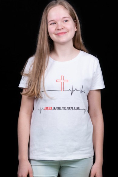 Női rövid ujjú fehér póló, "Jesus Gave Me New Life" mintával