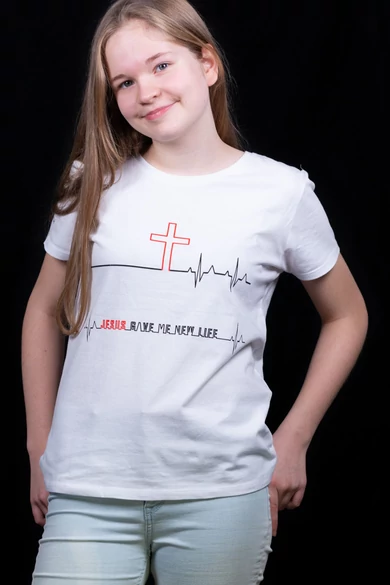 Női rövid ujjú fehér póló, "Jesus Gave Me New Life" mintával
