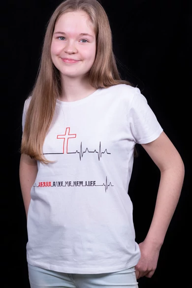 Női rövid ujjú fehér póló, "Jesus Gave Me New Life" mintával