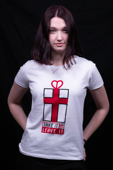 Női rövid ujjú fehér póló, "Take It or Leave It" mintával