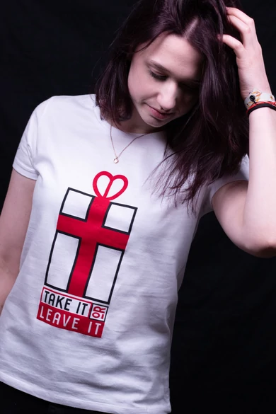 Női rövid ujjú fehér póló, "Take It or Leave It" mintával