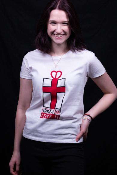Női rövid ujjú fehér póló, "Take It or Leave It" mintával