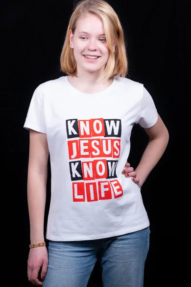 Női rövid ujjú fehér póló, "Know Jesus, Know Life" mintával