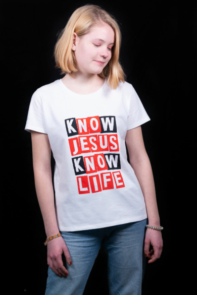 Női rövid ujjú fehér póló, "Know Jesus, Know Life" mintával