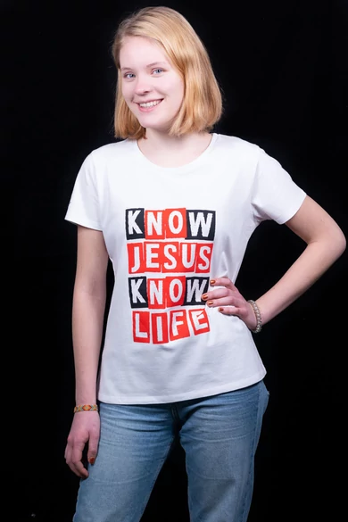 Női rövid ujjú fehér póló, "Know Jesus, Know Life" mintával