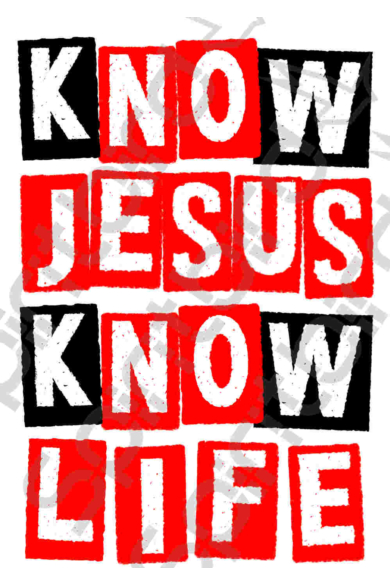 Női rövid ujjú fehér póló, "Know Jesus, Know Life" mintával